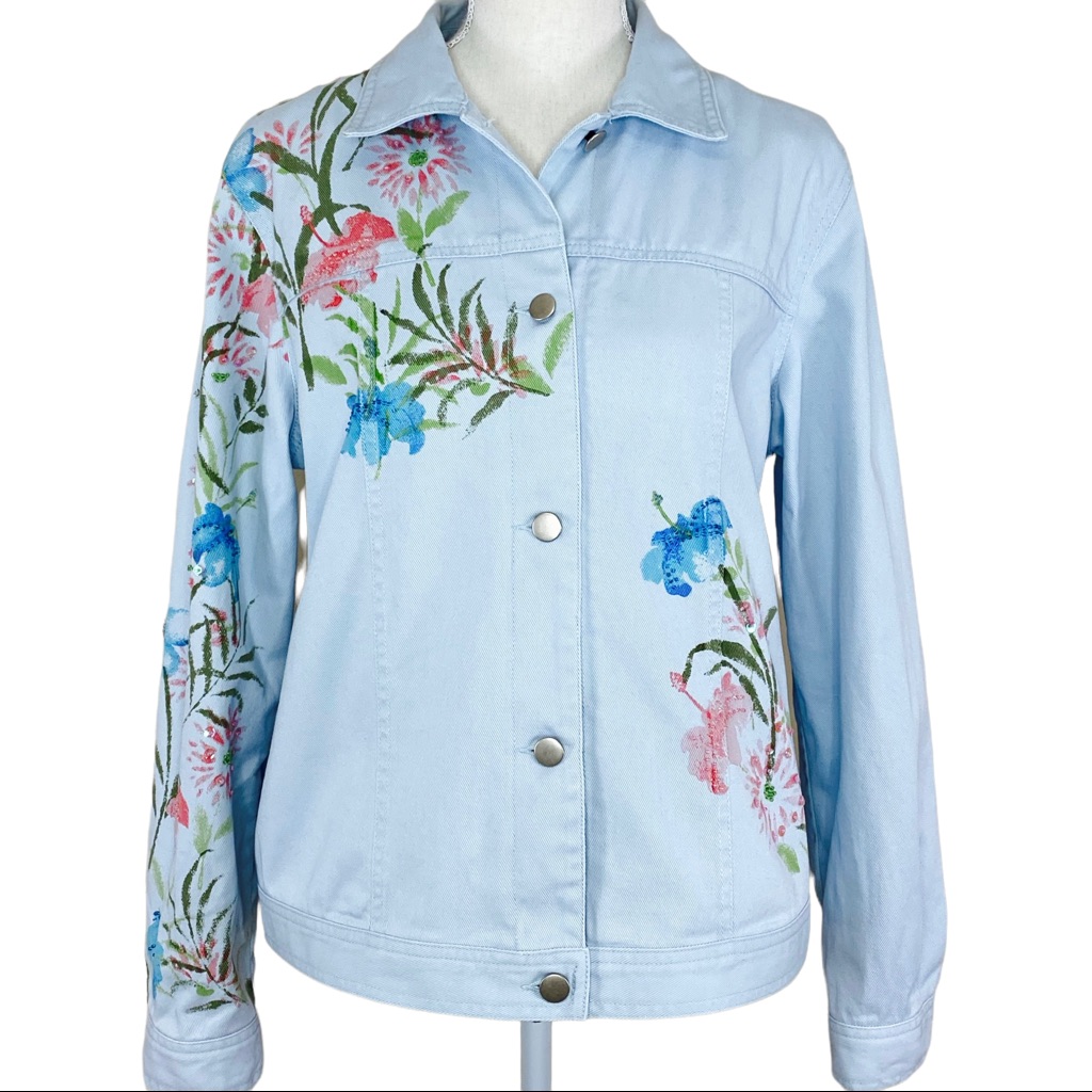 Vintage Coldwater Creek Floral Sequins Beaded Denim Boho Cottage Jacket Size M